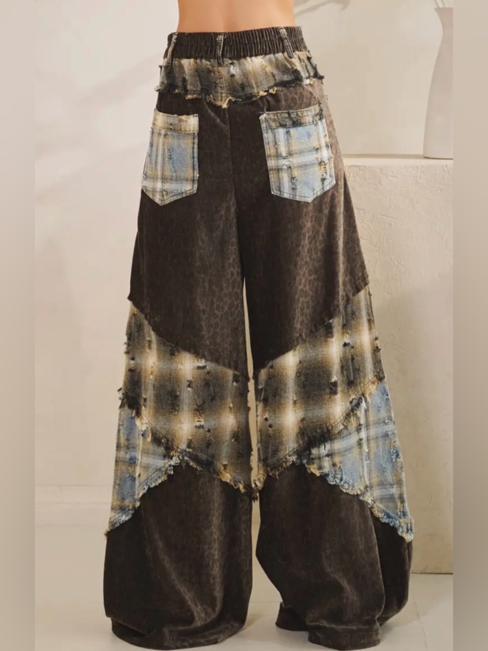 NEW Oli & Hali Washed Plaid Leopard Detail Patchwork Pants - Picture 5 of 10